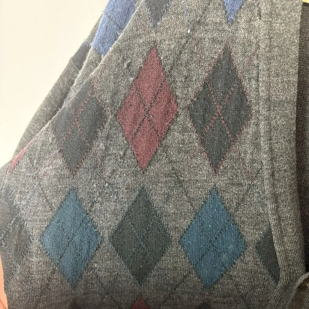 Vtg 90s Cardigan Sweater Florence Tricot Italian Wool Argyle‎ Grandpa Academia